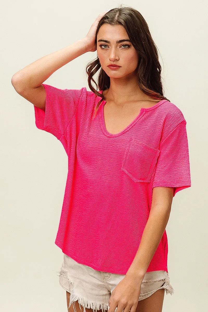 Fuchsia Bibi Waved Rib U Neck Top With Front Pocket