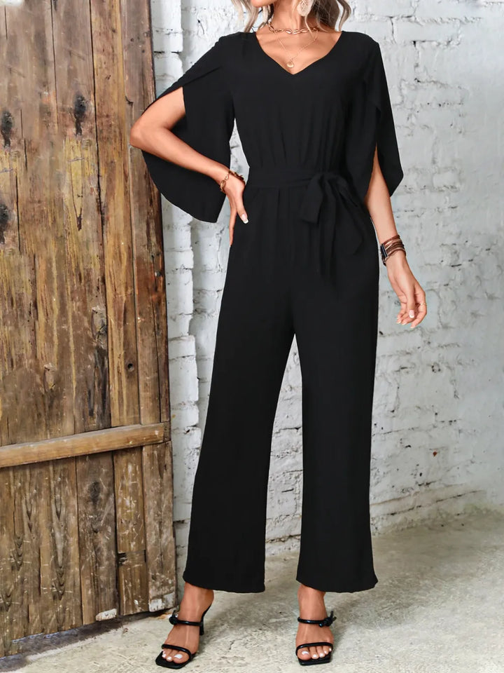 Black Tied V Neck Half Sleeve Wide Leg Jumpsuit
