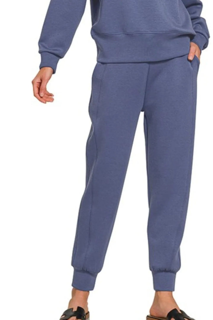 Blue Indigo Zenana Scuba Crewneck Pullover Joggers 2 Pieces Set 1