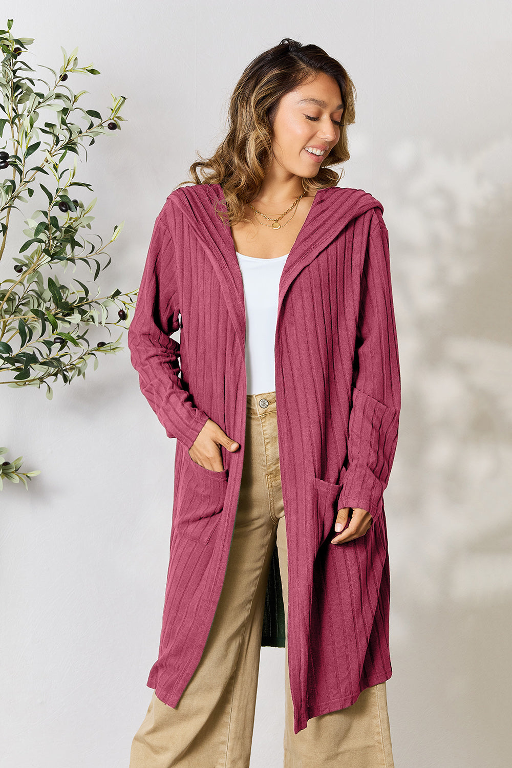 Pink Basic Bae Full Size Hooded Sweater Cardigan