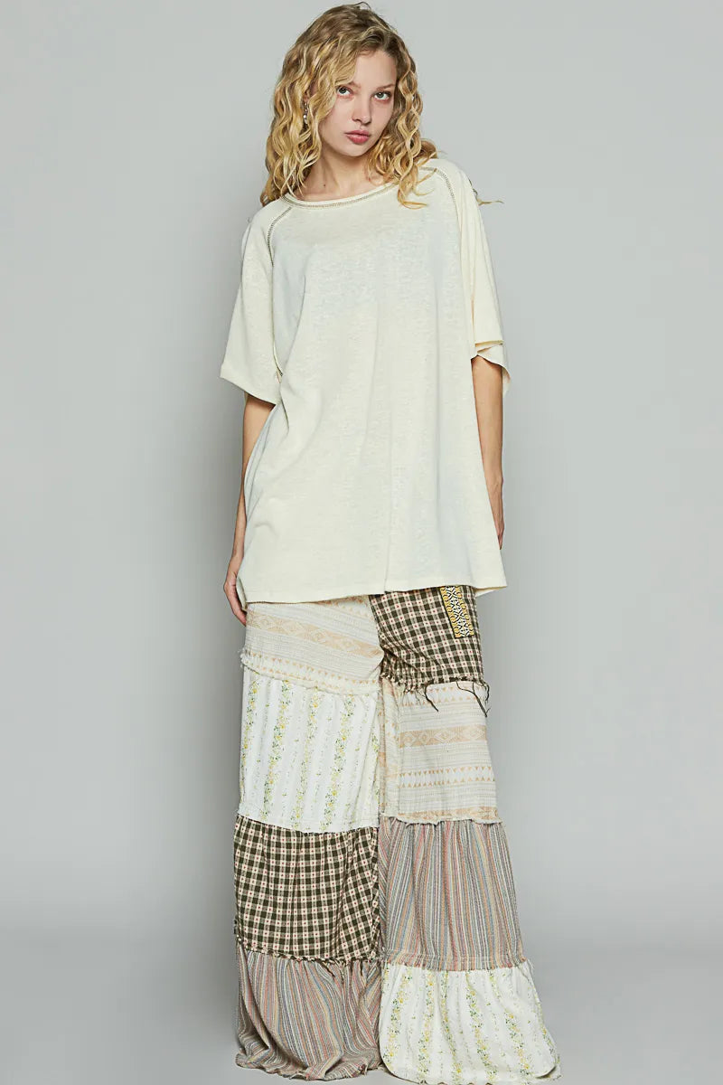 Pol Contrast Stitching Half Sleeve Oversized T Shirt