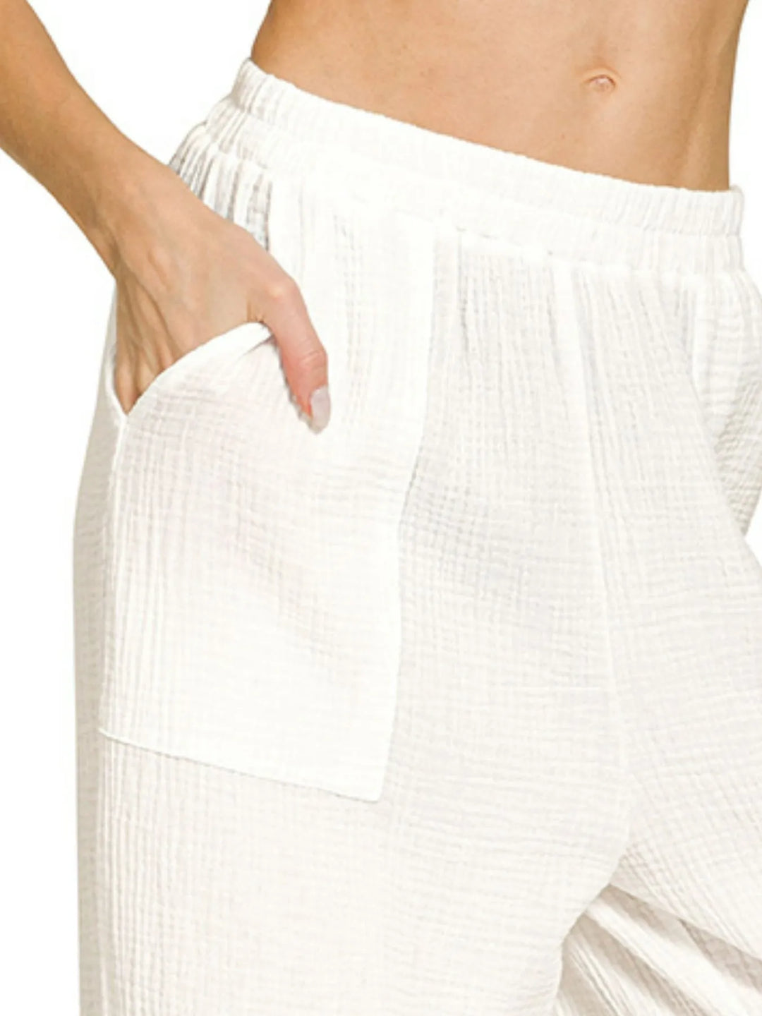 Off White Zenana Double Gauze Elastic Band Pants