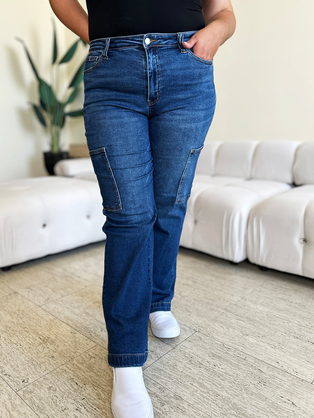 Dark Judy Blue Full Size High Waist Cargo Jeans