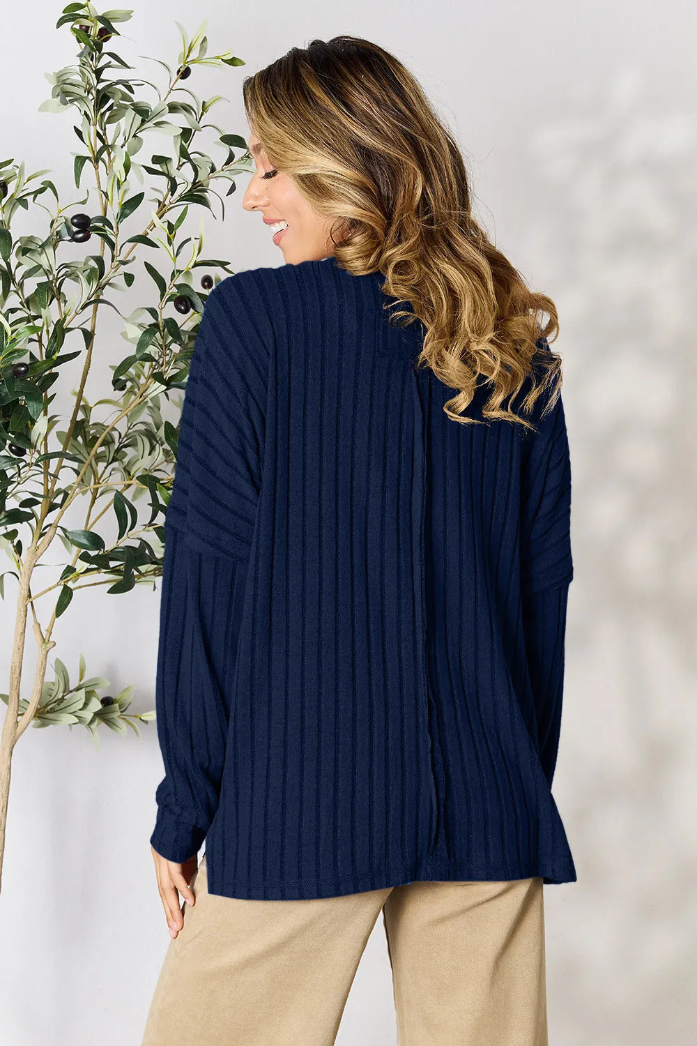 Dark Blue Basic Bae Full Size Ribbed Round Neck Slit Knit Top