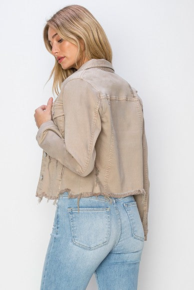 Khaki Risen Full Size Raw Hem Button Up Cropped Denim Jacket Plus Size