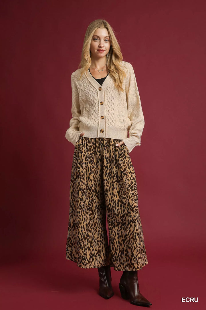 Ecru Umgee Chunky Cable Knit V Neck Button Up Cardigan 2