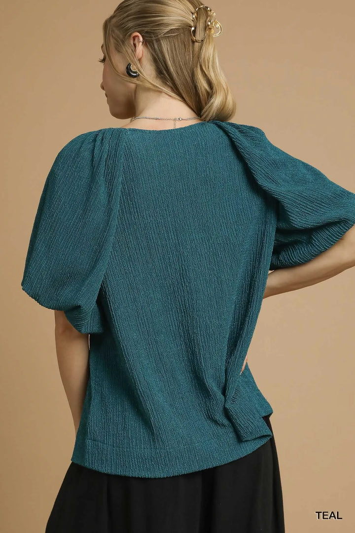 Teal Umgee Textured Flutter Sleeve Notch Neck Top 1