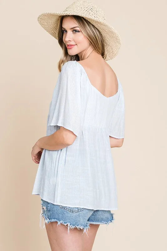 Sky Blue Lime N Chili Thin Striped With Tie Front Babydoll Top