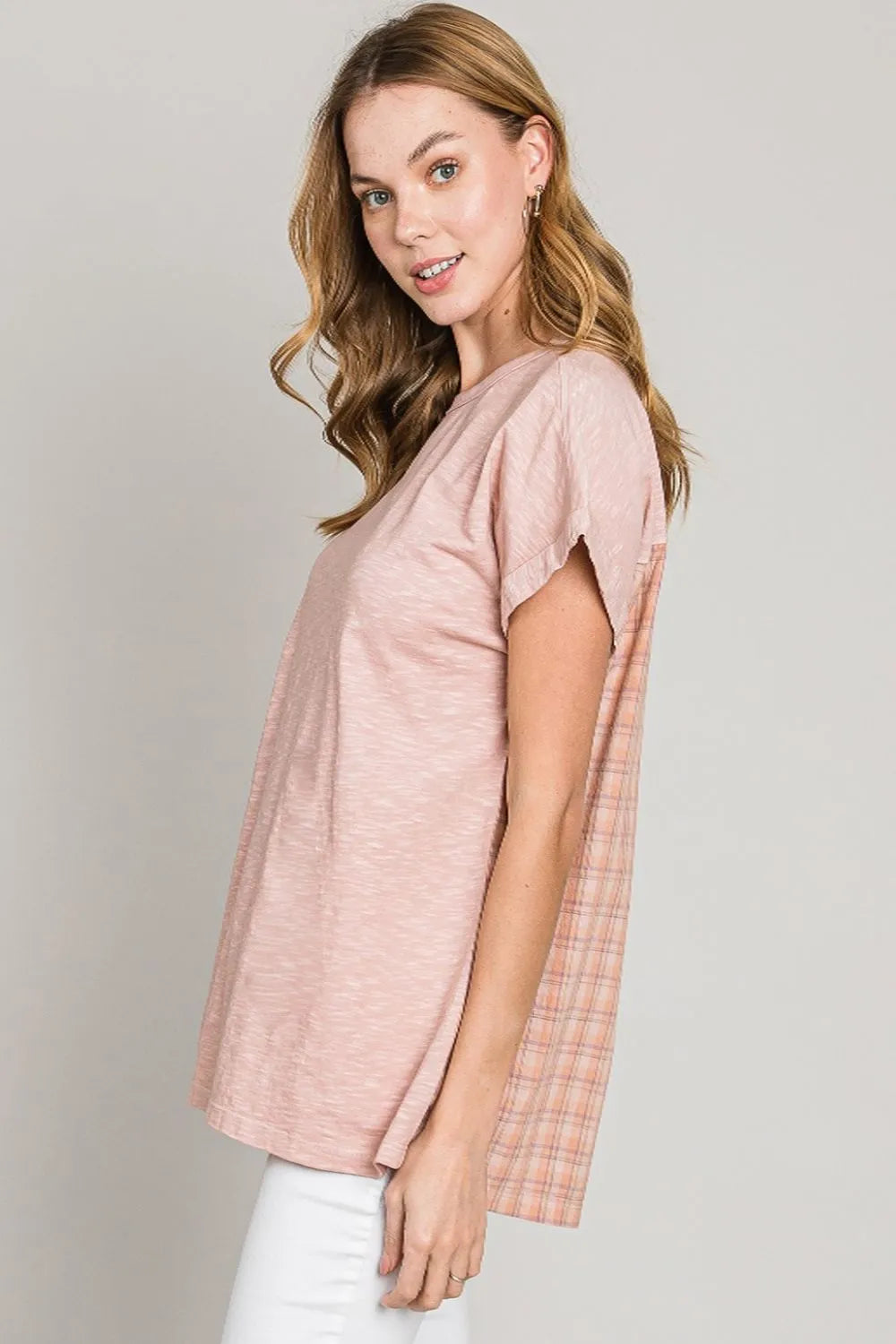 Mauve Cotton Bleu By Nu Label Plaid Short Sleeve T Shirt