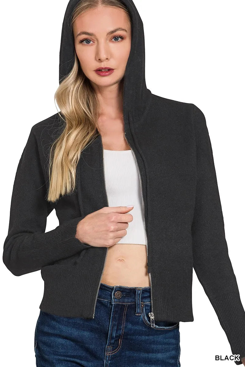 Black Zenana Drawstring Zip Up Hooded Cardigan 1
