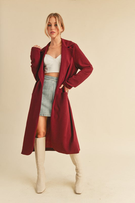 Burgundy Aemi Co Lapel Collar Long Sleeve Longline Coat