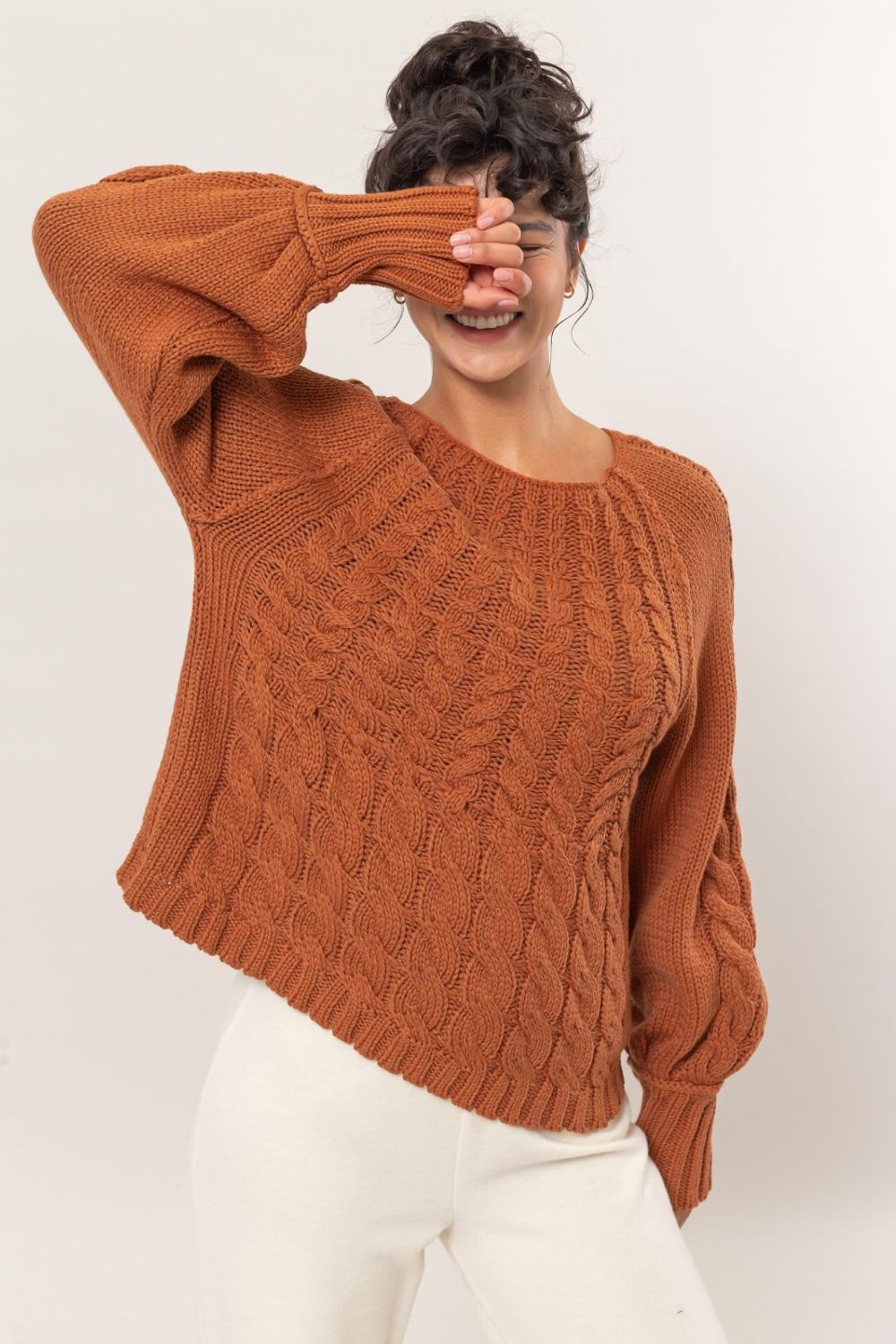 Rust Hyfve Cable Knit Round Neck Raglan Sleeve Sweater