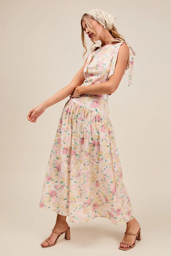 So Me Floral Printed Woven Shoulder Bow Tie Top And Skirt Set