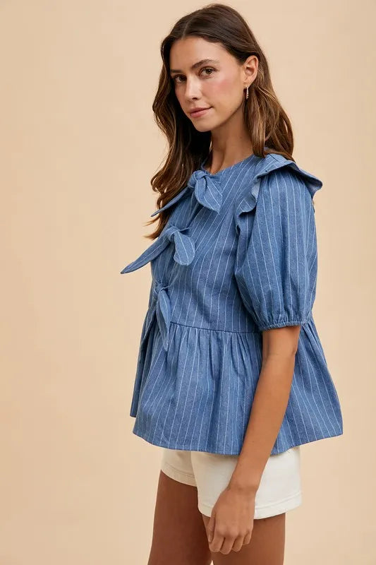 Medium Denim Annie Wear Stripe Front Bow Denim Peplum Blouse