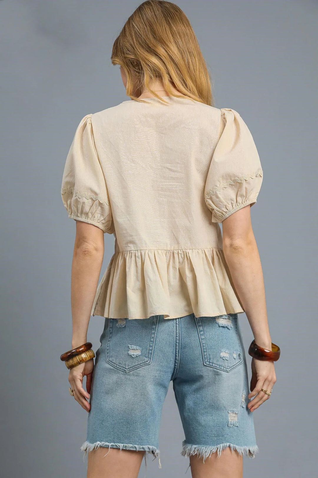 Cream Umgee Tie Front Puff Sleeve Blouse 1