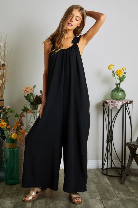 Black Adora Elastic Ruffle Shoulder Jumpsuit