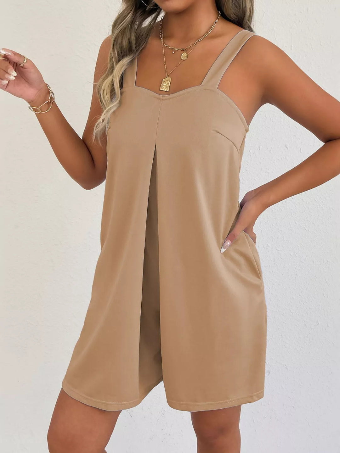 Fuchsia Pink Sleeveless Casual Romper With Side Pockets