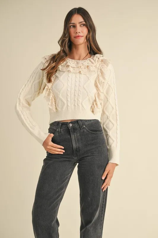 Cream Mable Ruffled Lace Crochet Sweater