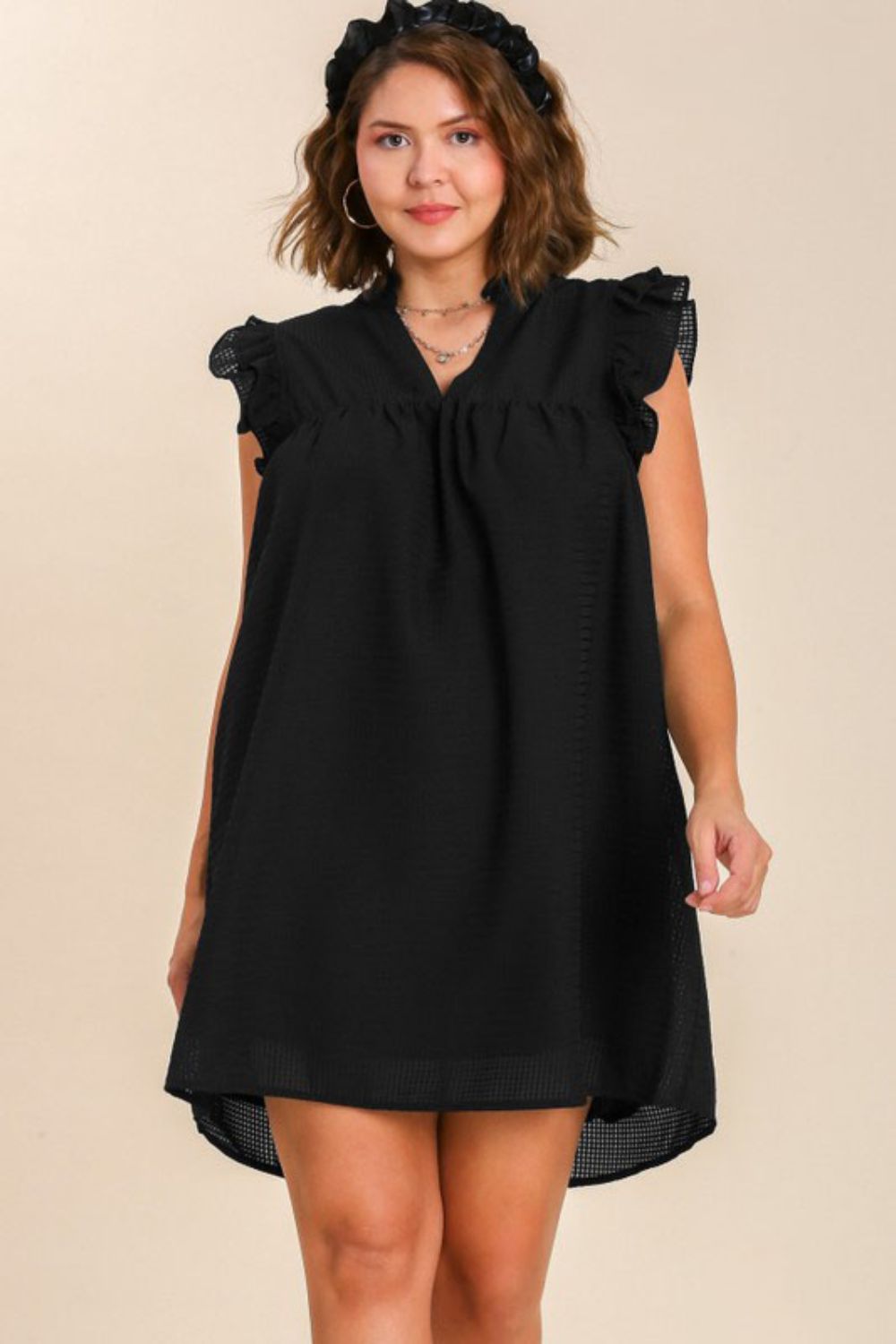 Black Umgee Full Size Layered Ruffle Sleeve Mini Dress Plus Size