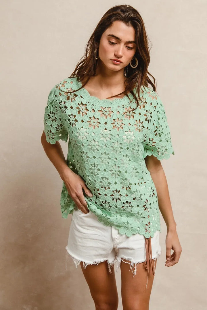 Bibi Openwork Crochet Short Sleeve Knit Top