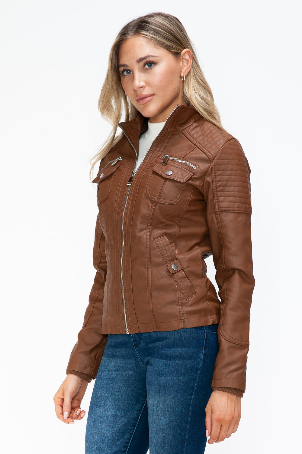 Ymi Removable Faux Layered Multi Pocket Jacket With Fuzzy Hood 2