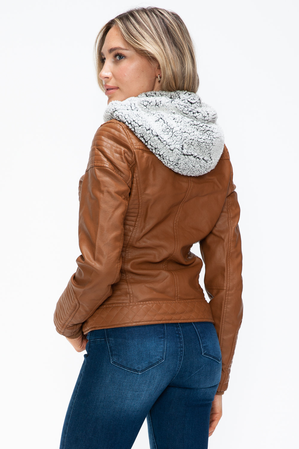Camel Ymi Faux Layered Double Zipper Jacket With Fuzzy Hood 4
