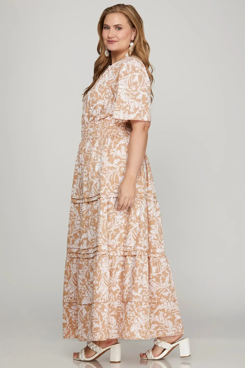 Apricot She Sky Printed Notched Woven Tiered Pintuck Maxi Dress With Side Pockets