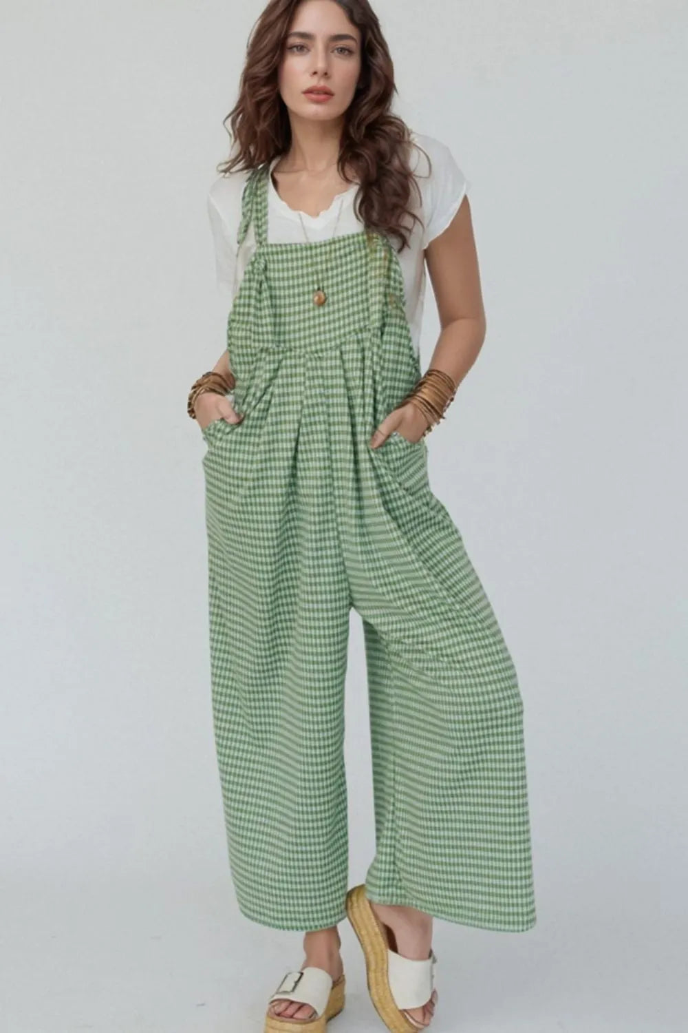 Lime Casual Gingham Wide Leg Overalls
