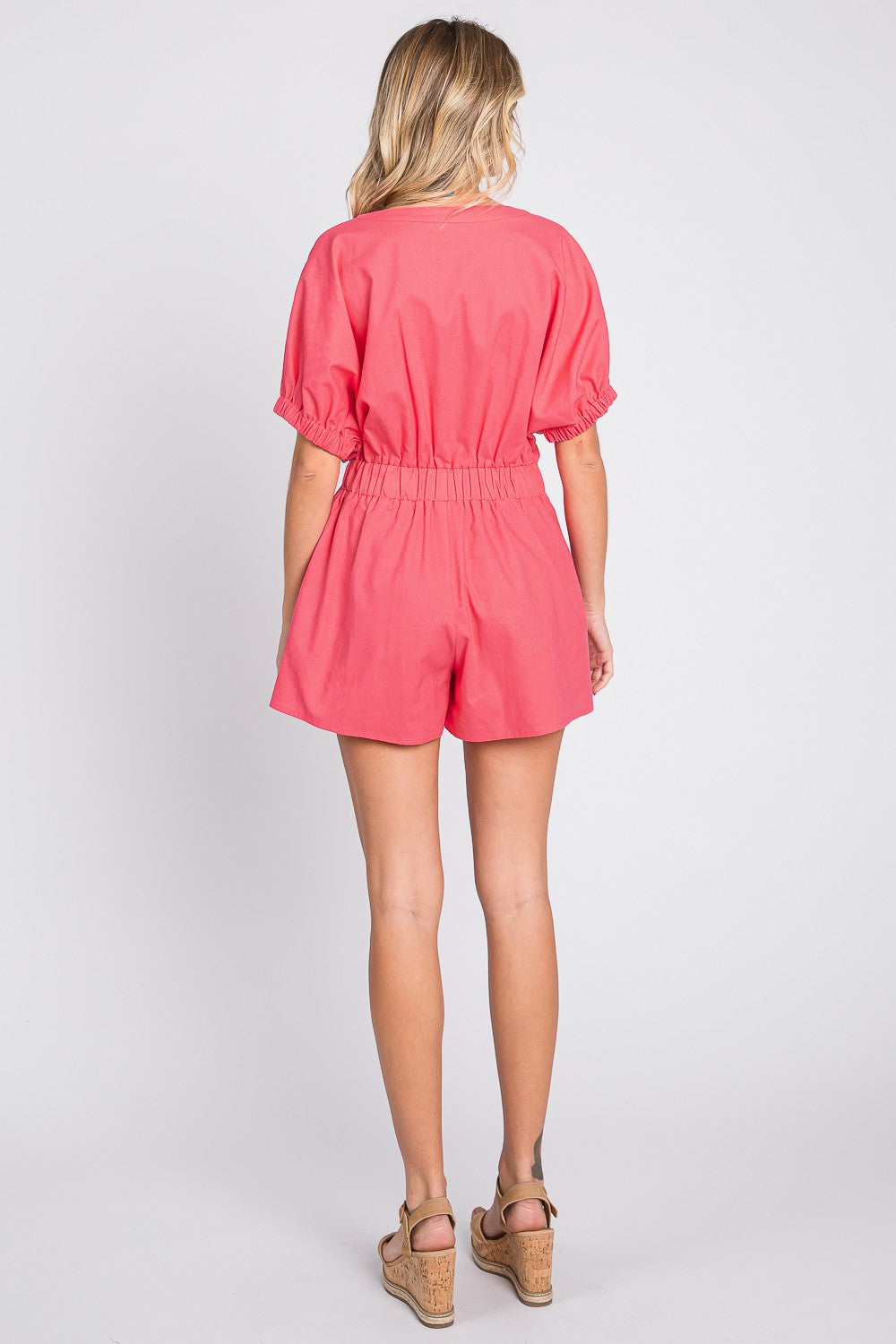 Geegee Half Button V Neck Linen Romper