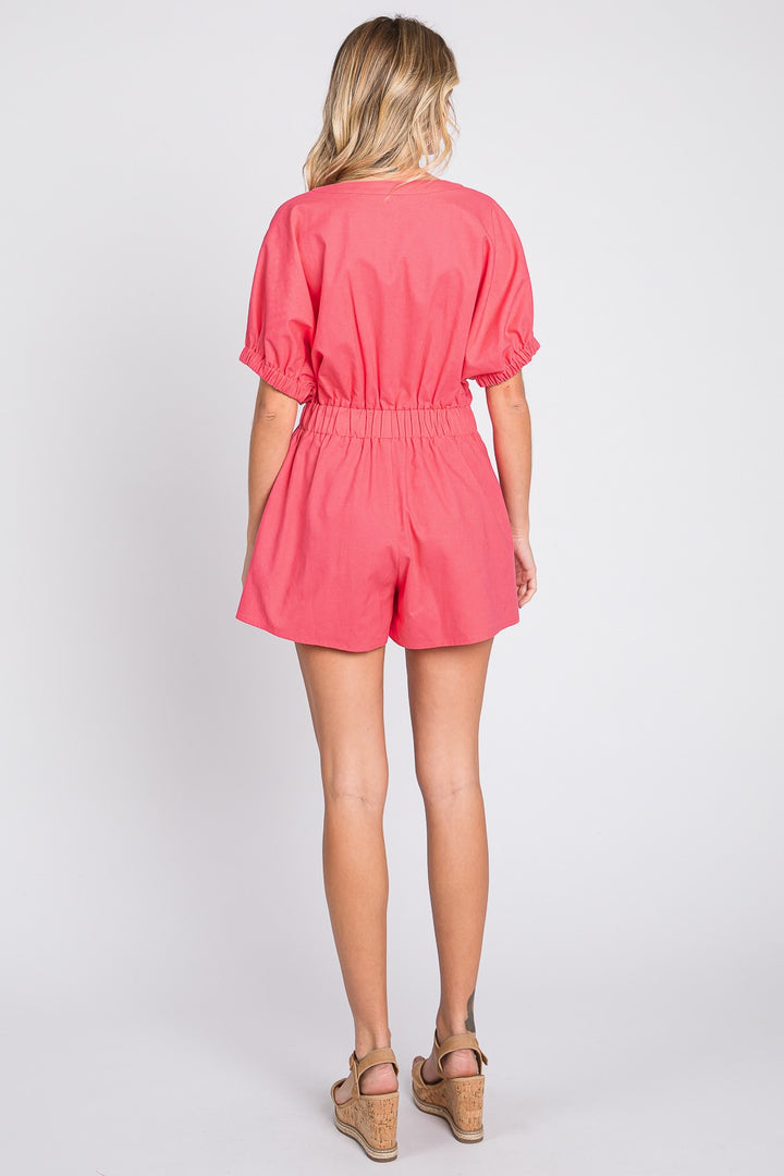 Geegee Half Button V Neck Linen Romper