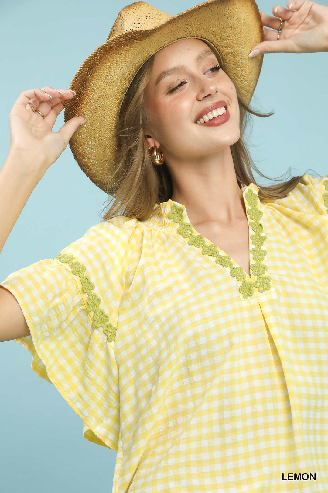 Umgee Gingham Lace Trim Top 1