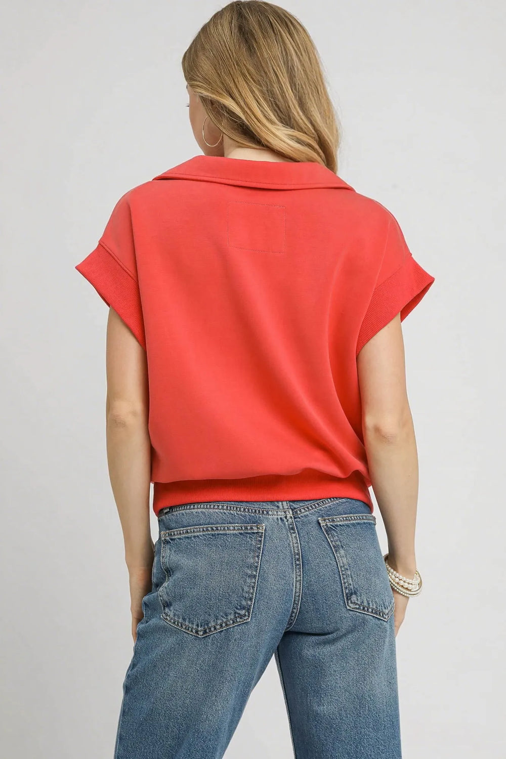 Red Coral Umgee Luxe Knit Collared Short Sleeve Polo Sweatshirt