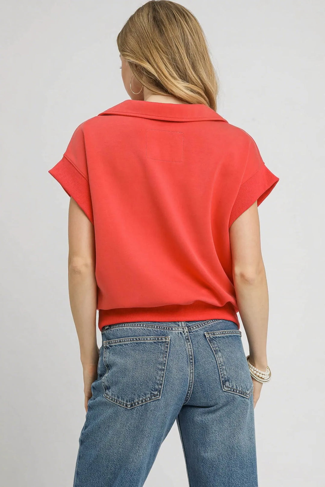 Red Coral Umgee Luxe Knit Collared Short Sleeve Polo Sweatshirt