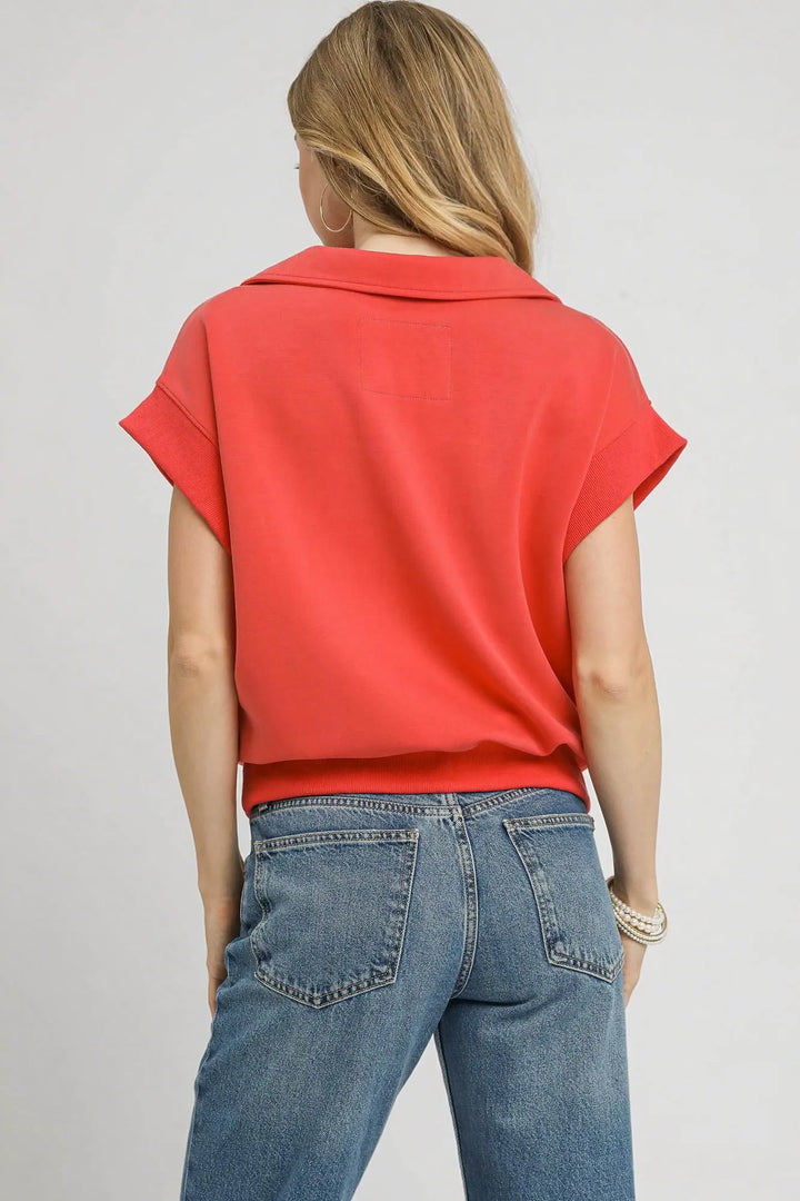 Red Coral Umgee Luxe Knit Collared Short Sleeve Polo Sweatshirt