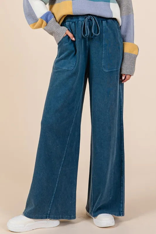 Dark Blue Mittoshop Mineral Wash French Terry Drawstring Wide Leg Pants