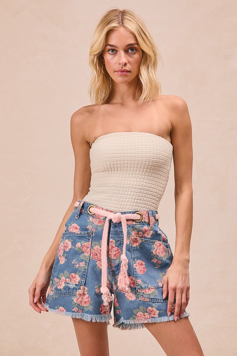Bibi Braided Waist Belt Patch Pockets Floral Print Denim Shorts