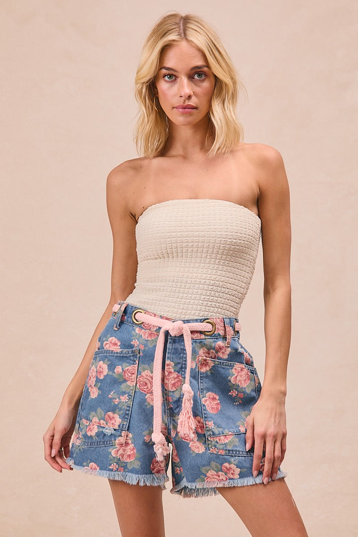 Bibi Braided Waist Belt Patch Pockets Floral Print Denim Shorts