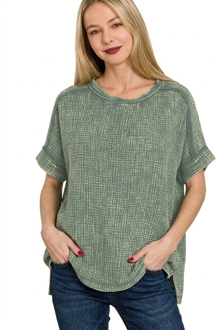 Ash Jade Zenana Acid Washed Double Gauze Round Neck Tee