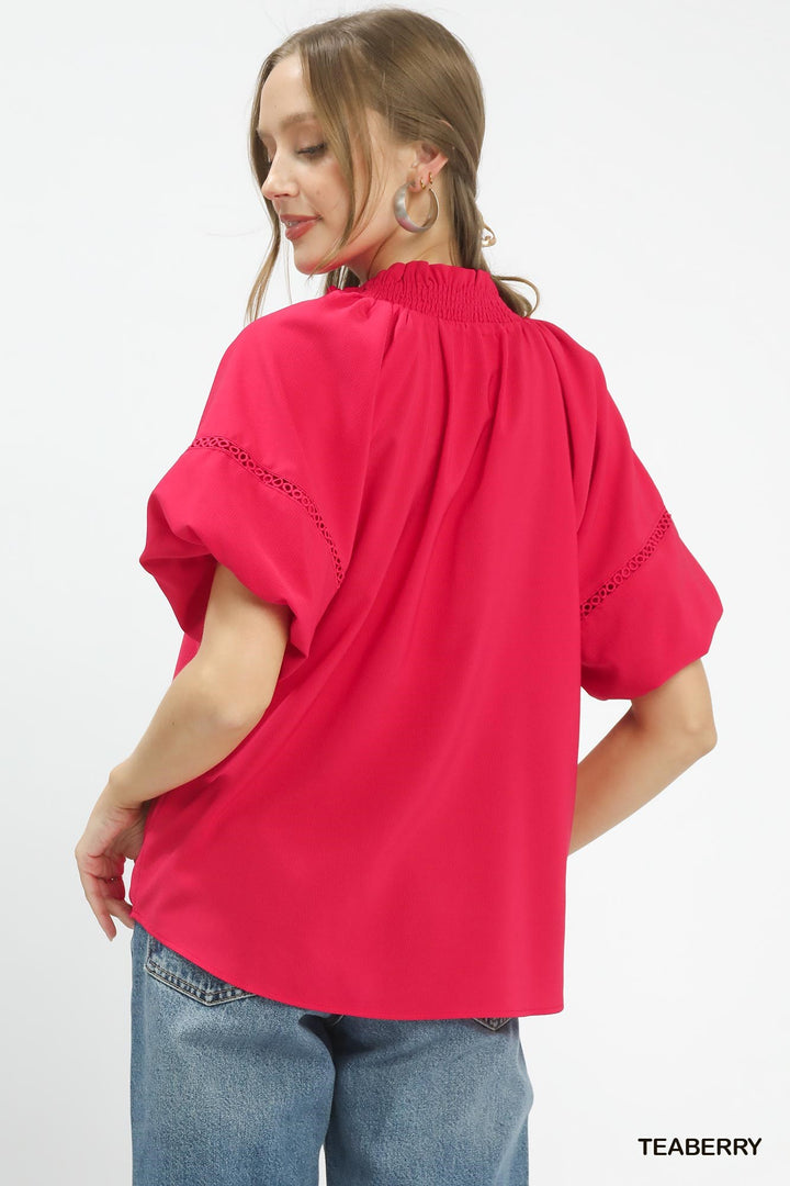 Teaberry Umgee Lace Trim Peasant Top