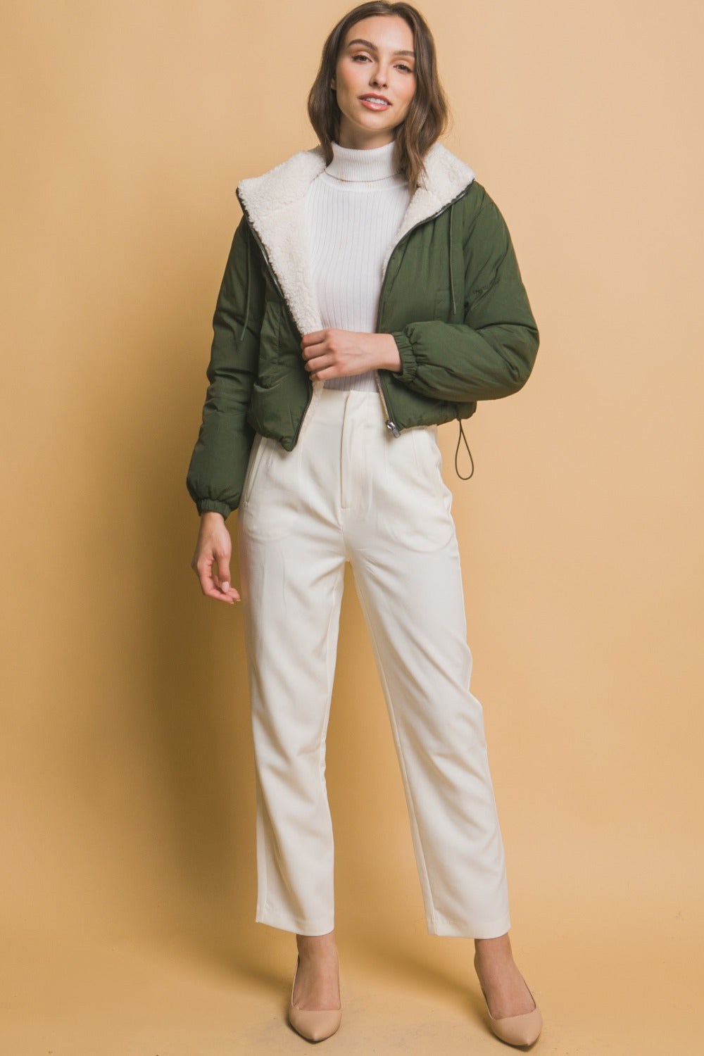 Love Tree Zip Up Cropped Hooded Sherpa Reversible Jacket 1