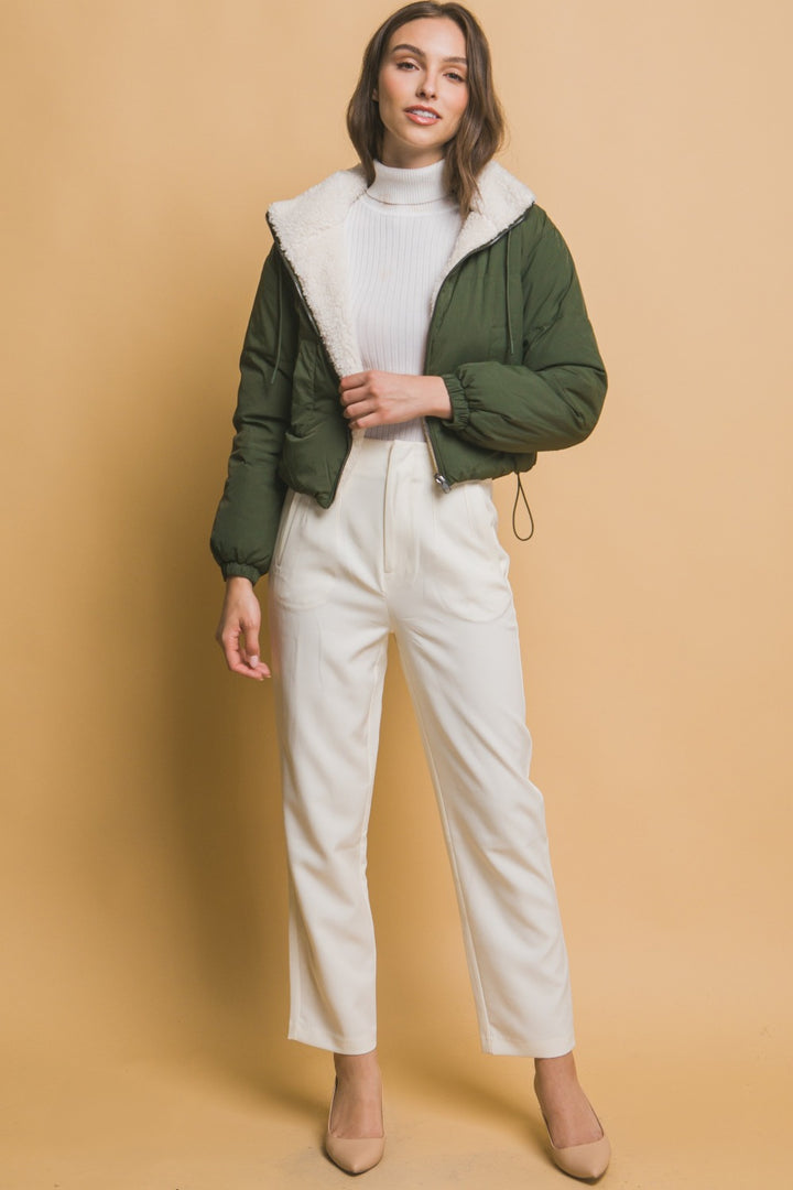 Love Tree Zip Up Cropped Hooded Sherpa Reversible Jacket 1