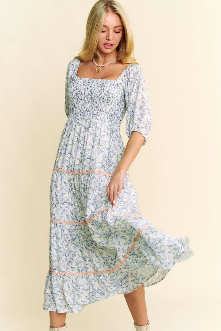 Blue Davi Dani Contrast Ric Smocking Bodice Tiered Midi Dress
