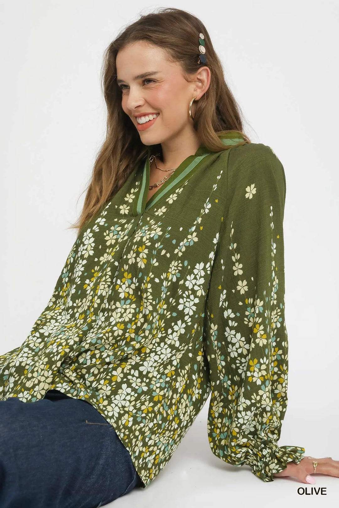 Olive Umgee Floral Vine Print Blouse With Balloon Sleeves
