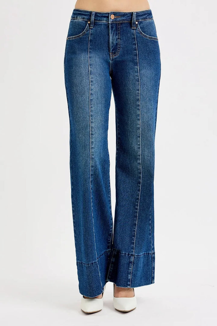 Dark Risen Full Size Tummy Control Mid Rise Ankle Wide Flare Jeans Plus Size