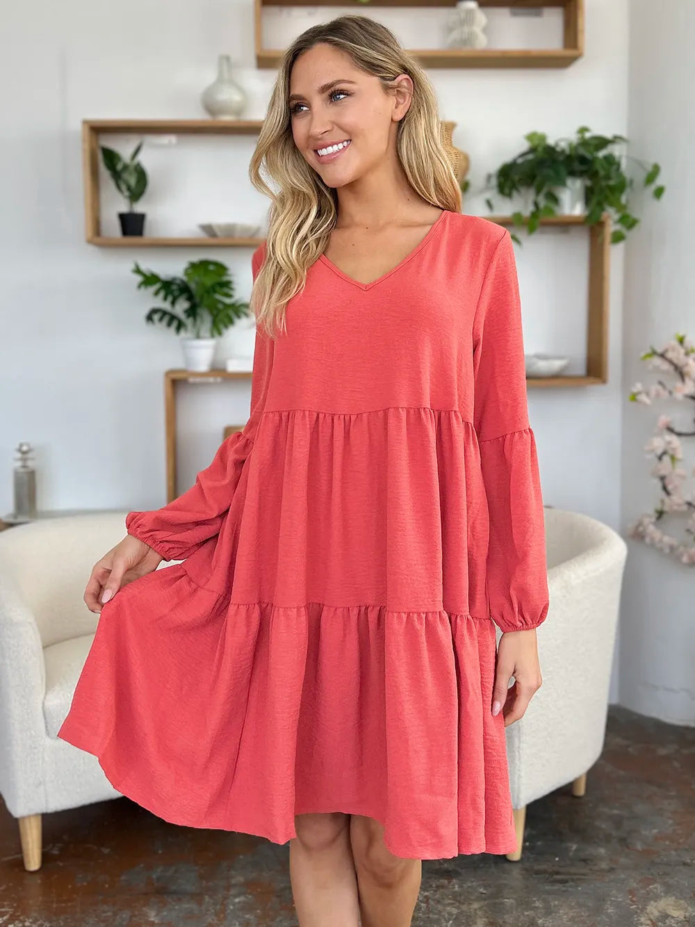 Black Double Take Full Size V Neck Balloon Sleeve Tiered Dress With Pockets