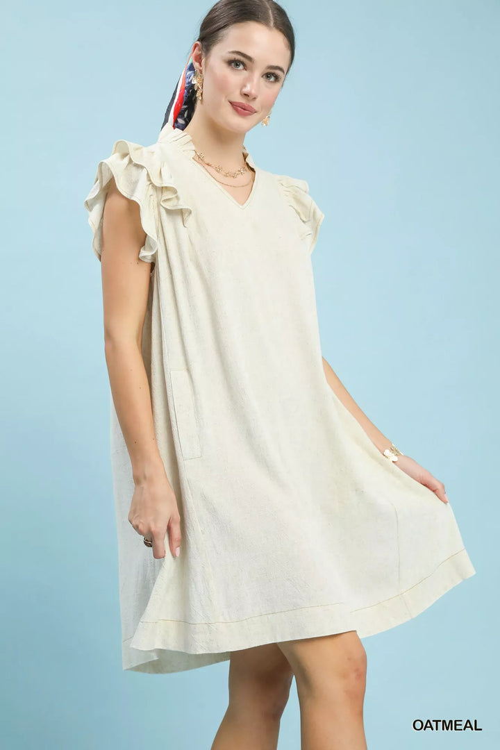 Oatmeal Umgee Linen Flutter Sleeve Shift Dress With Pockets