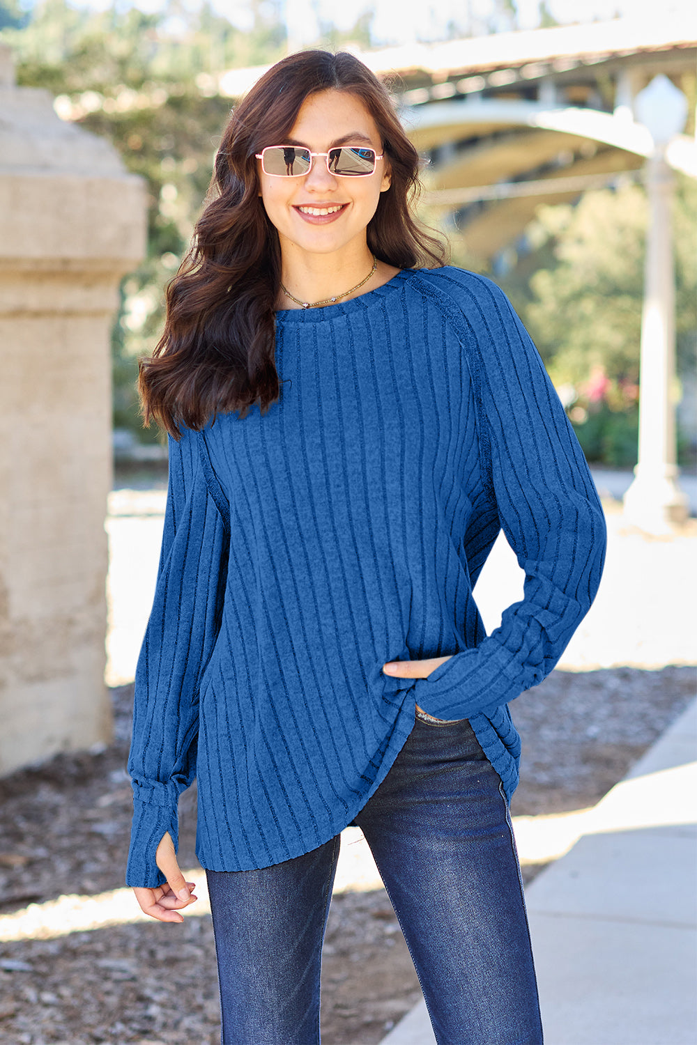 Royal Blue Basic Bae Full Size Ribbed Round Neck Long Sleeve Knit Top