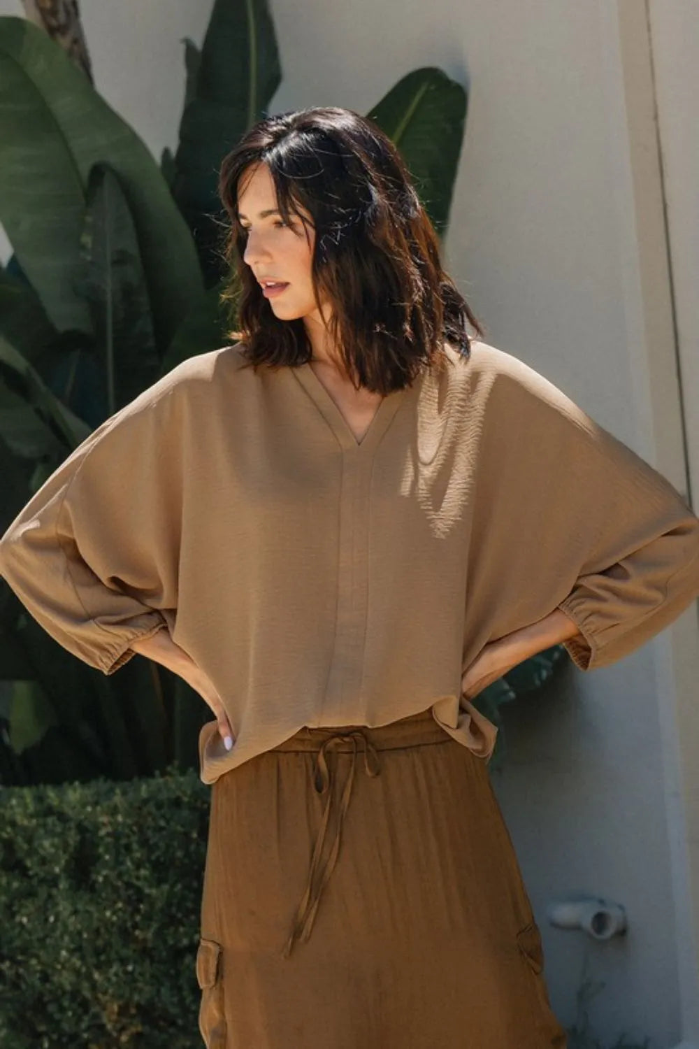 Camel Annie Wear Notched Batwing Sleeve Blouse