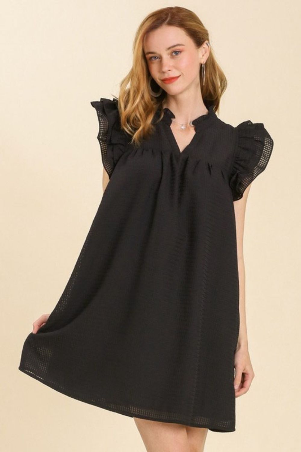 Black Umgee Full Size Layered Ruffle Sleeve Mini Dress Plus Size