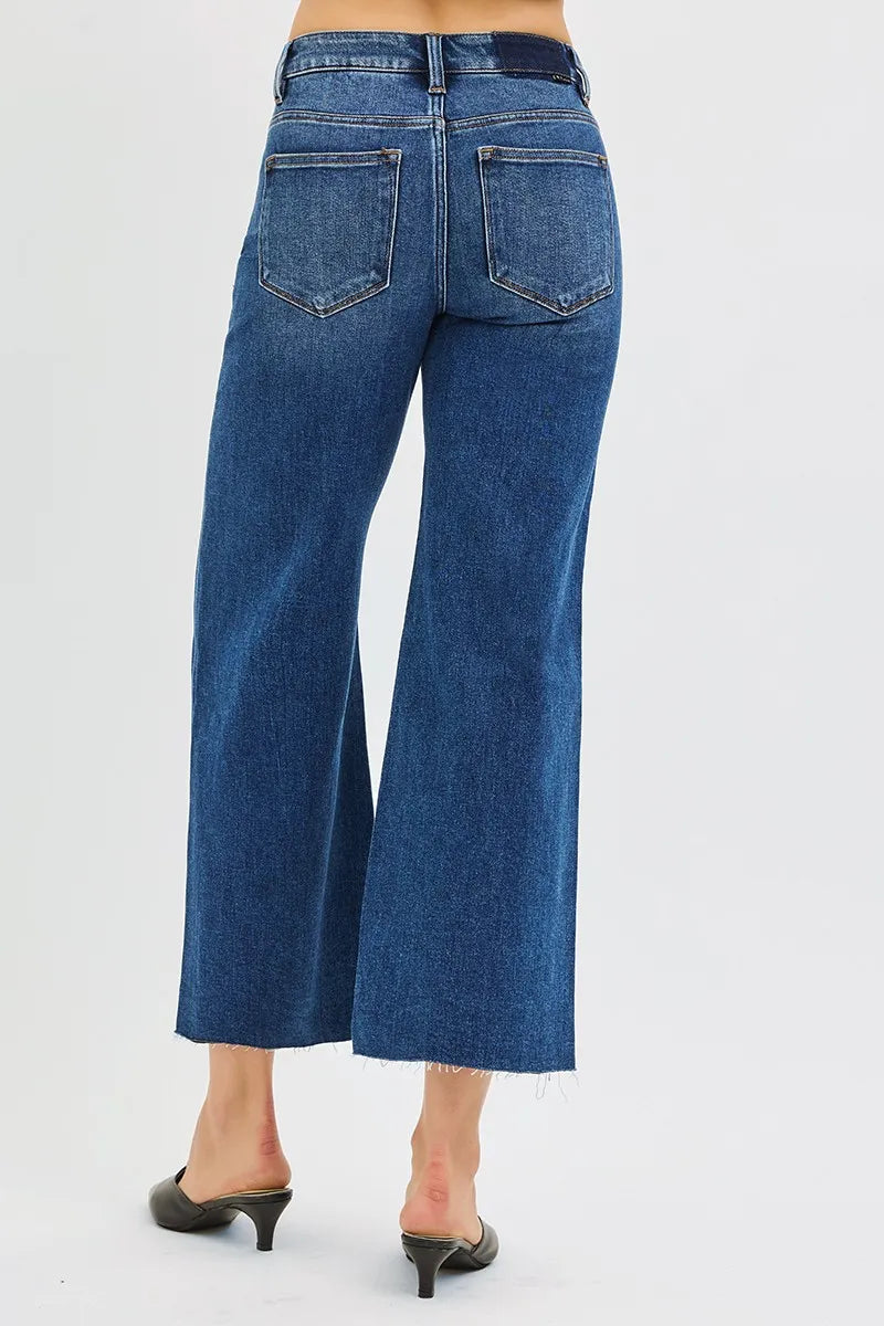 Dark Risen Full Size Mid Rise Crop Wide Raw Cut Hem Jeans Plus Size